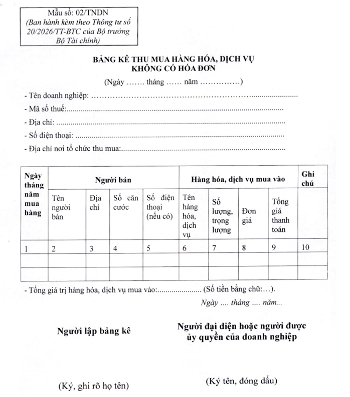 Mẫu 02/TNDN: Bảng kê thu mua hàng hóa, dịch vụ không có hóa đơn